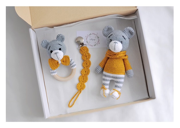 przytulanki dla niemowląt i dzieci Zestaw prezentowy  - ochra/szary