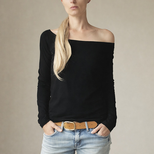 bluzki z długim rękawem damskie Czarna dopasowana długi rękaw szeroki dekolt