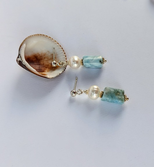 kolczyki srebrne Kolczyki srebrne larimar z perłą