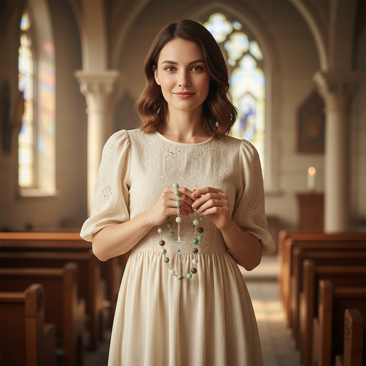 komunia - pozostałe Klasyczny różaniec, RĘKODZIEŁO, I Komunia Św., SREBRO 925, chryzopraz 6mm