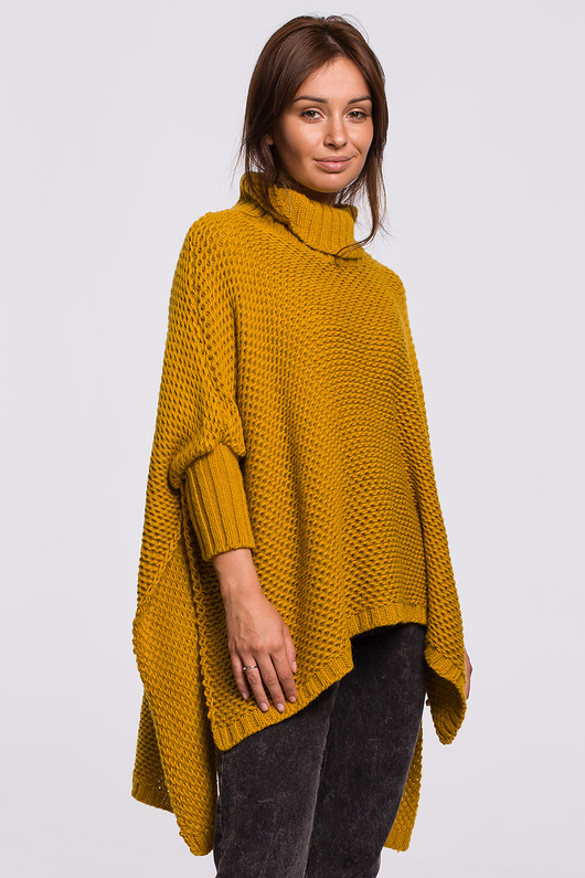 swetry damskie  Sweter ponczo z golfem - miodowy(BK-049)