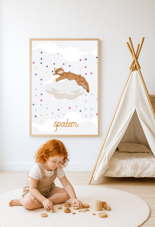 obrazy i plakaty do pokoju dziecięcego Plakat spałem - kot 1