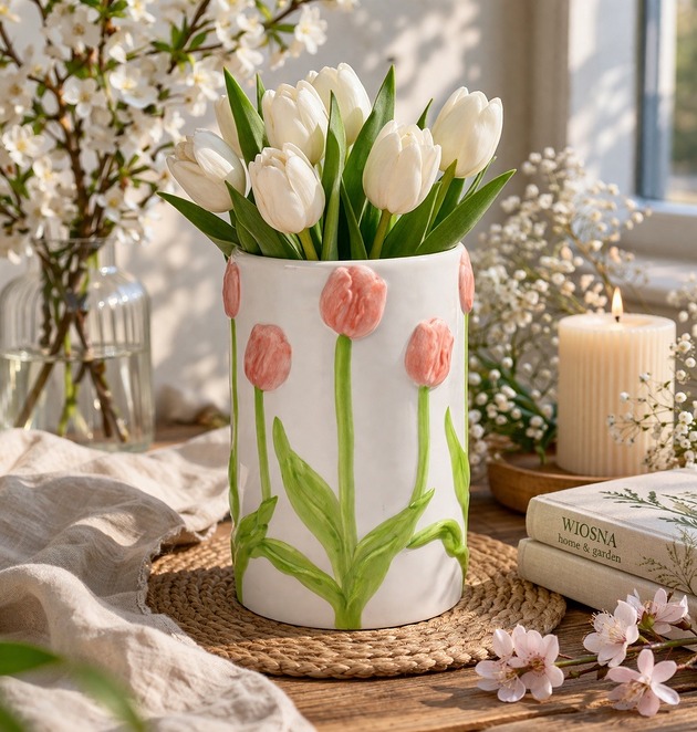 wazony Wazon ceramiczny z tulipanami 22x11,5x11,5 cm TULIPANO różowe