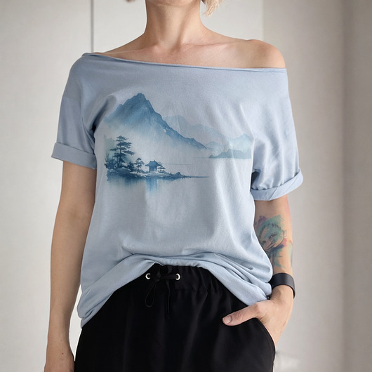 t-shirt damskie Jezioro góry japoński krajobraz Bladoniebieski Oversize
