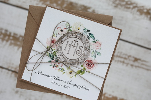 zaproszenia na komunię Eleganckie rustykalne zaproszenia komunijne dla dziewczynki - zaproszenia na