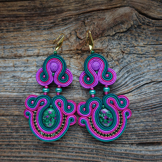 kolczyki soutache Fuksja, cyklamen i zieleń- kolczyki sutasz