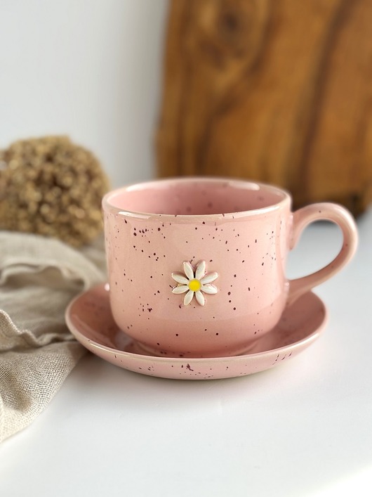 filiżanki Duża filiżanka ze spodkiem ręcznie robiona 350 ml - Stokrotka różowa