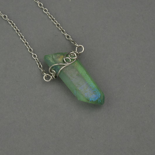 naszyjniki - inne Naszyjnik Talizman zielony kryształ górski wire wrapping