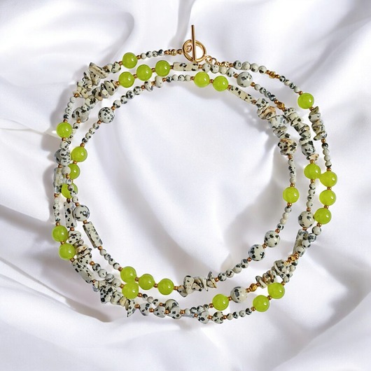 korale UNIKATOWY sznur kamieni 120cm : naszyjnik : jaspis i jadeit LIMONKA