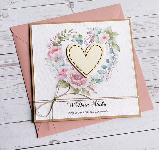 zaproszenia i kartki na ślub Kartka ślubna z życzeniami : różowa : serce z przeszyciami