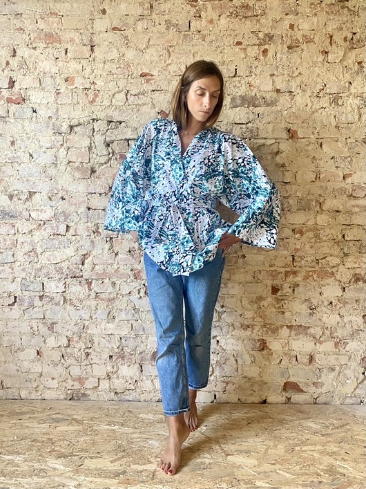 szlafroki damskie Szlafrok narzutka kimono w zielony wzór krótki