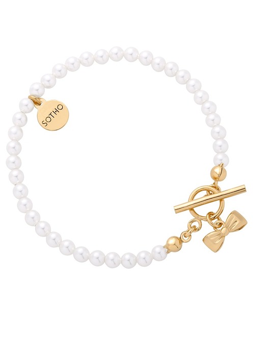 bransoletki złote Złota bransoletka z białych pereł SWAROVSKI CRYSTAL z kokardką