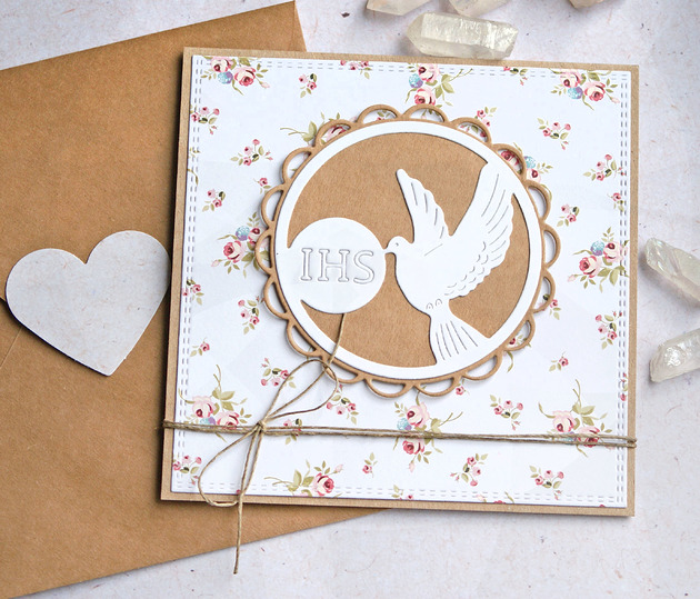 kartki na komunię Kartka komunijna : gołąb : kwiatuszki