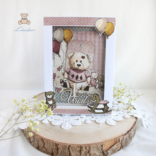 kartki scrapbooking Kartka na roczek "BabyGirl Miś Vintage"GOTOWA