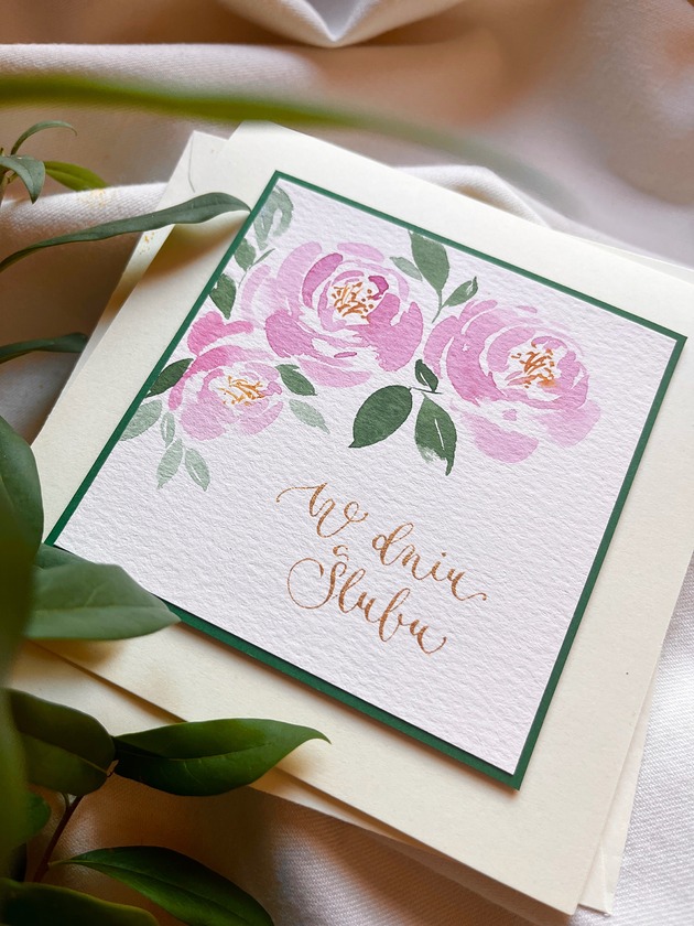 kartki scrapbooking Kartka ślubna ręcznie malowana i kaligrafowana z gałązką minimalistyczna