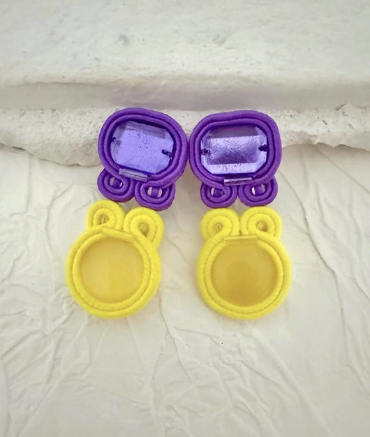 kolczyki soutache Kolczyki sutasz fioletowo-żółte na sztyft