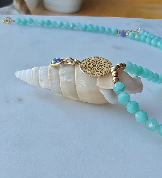 złote naszyjniki Lśniący tanzanit z amazonitami, ekskluzywny naszyjnik