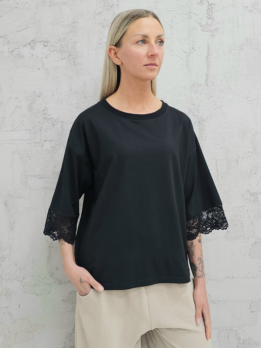 bluzki - inne Bawełniana bluzka oversize rękaw koronka