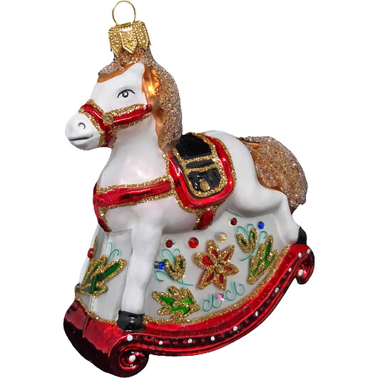 bombki Ręcznie malowana bombka szklana biały koń na biegunach z czerwonymi akcentami