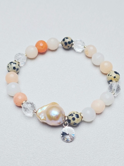 bransoletki z kamieni naturalnych Bransoletka  Apricot z  Perłą i Kryształem Rivoli