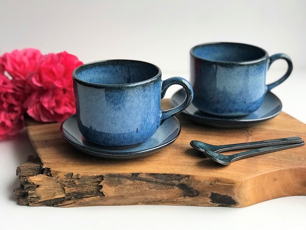 filiżanki Duża Filiżanka ceramiczna ze spodkiem  Borówka
