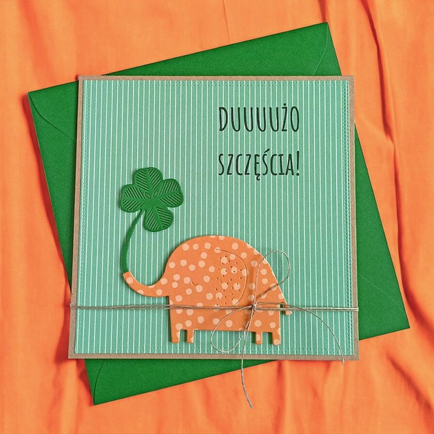kartki scrapbooking Dużo szczęścia - urocza, uniwersalna kartka - słonik, koniczynka