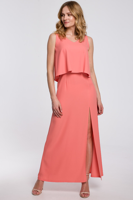 sukienki maxi damskie Sukienka maxi z falbaną u góry-pomarańczowa(K-048)