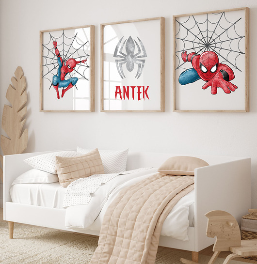 obrazy i plakaty do pokoju dziecięcego Zestaw 3 plakatów Spiderman, metryczka, imię dziecka Wzory