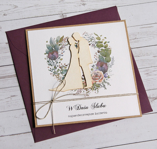 zaproszenia i kartki na ślub Kartka ślubna z życzeniami : fiolet