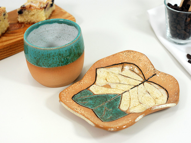 miski i misy Ceramiczy komplet - czarka i talerzyk liść