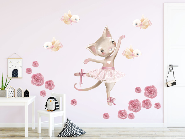 Naklejki na ścianę Kot Róże Balerina Magnetyczne Studio