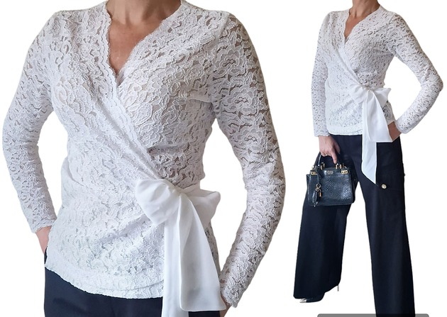 bluzki z długim rękawem damskie Elegancka bluzka z koronki ecru z kokardą roz 34-56