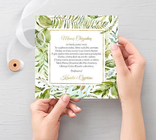 kartki, zaproszenia na chrzest Podziękowanie Chrzest Urodziny Liście