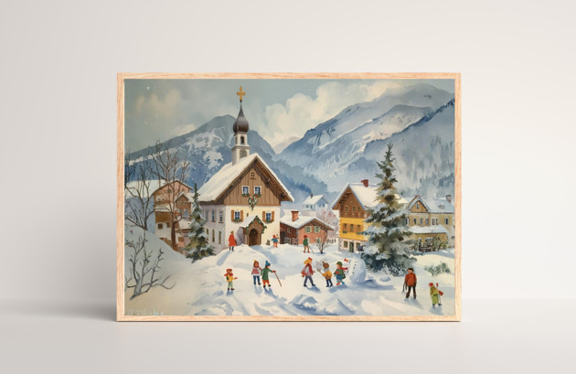 obrazy i plakaty do pokoju dziecięcego PLAKAT zimowa wioska akwarela  górski krajobraz zimowy