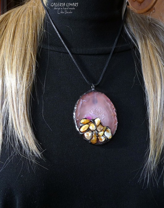 wisiory Wisior niezwyczajny handmade Agat z bursztynem mlecznym wyjątkowy Prezent