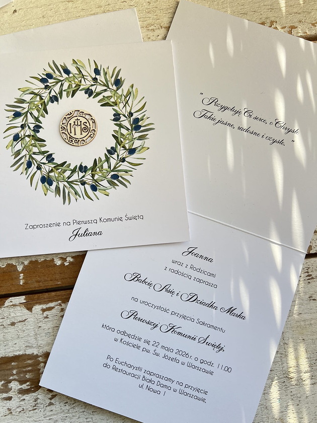 zaproszenia na komunię Białe eleganckie zaproszenia komunijne, na komunię ręcznie robione z wiankiem