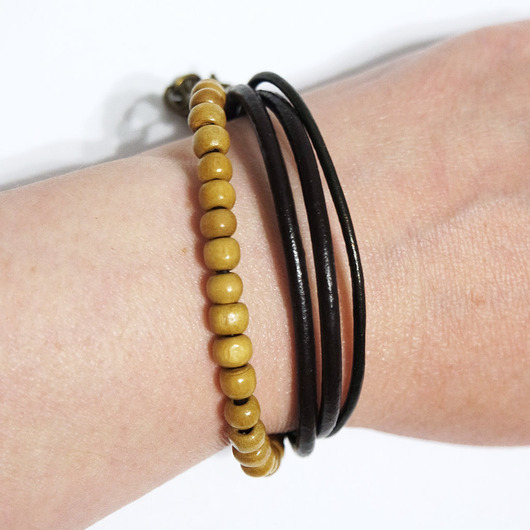 bransoletki skórzane Bransoletka - Koraliki drewniane 2 - rzemienie skórzane brązowe