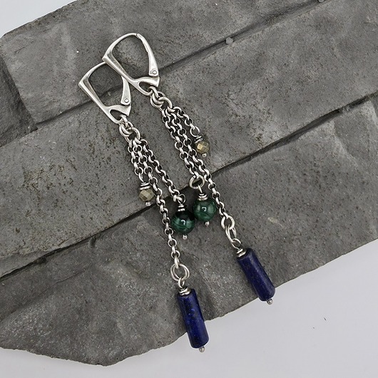 kolczyki z kamieniami Kolczyki lapis malachit piryt