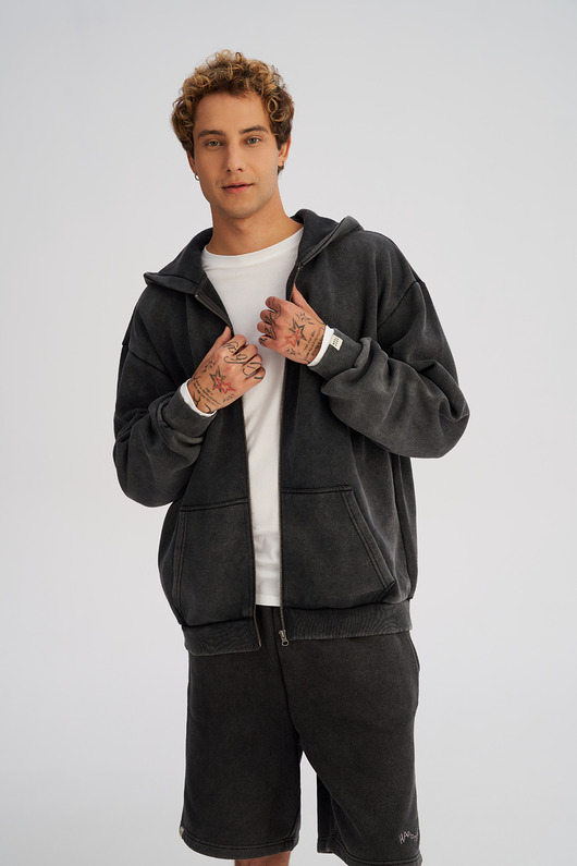 bluzy męskie Rozpinana męska bluza z efektem lekkiego sprania grafitowa