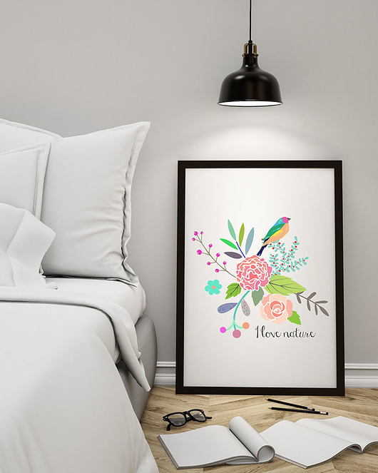 plakat. kwiaty i ptaki Love Life and Forest