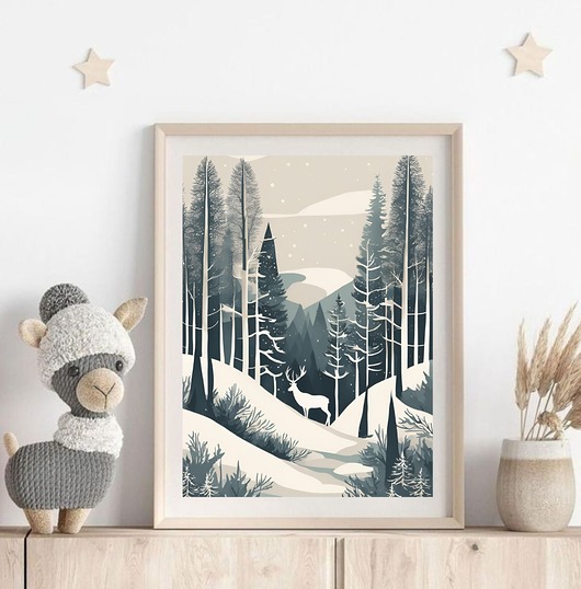 obrazy i plakaty do pokoju dziecięcego PLAKAT dekoracyjny , skandynawski, las ilustracja, jeleń