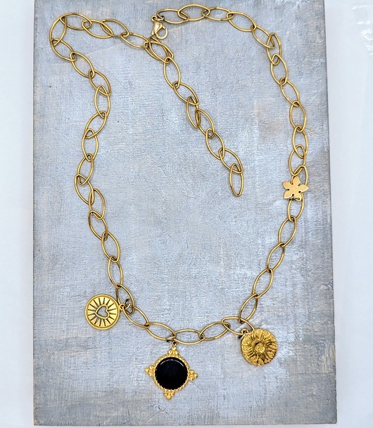 złote naszyjniki Łańcuch z dużymi ogniwami i medalionami - czarny onyks