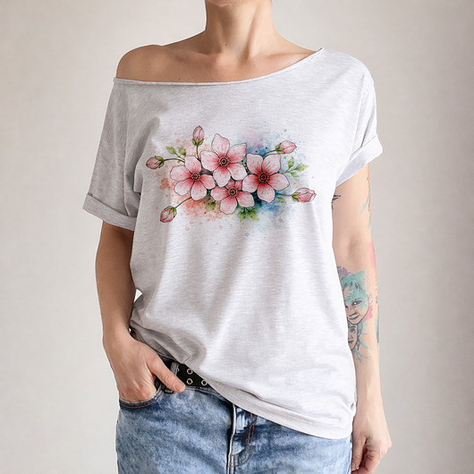 t-shirt damskie Kwiaty jabłoni w akwareli Szary Oversize
