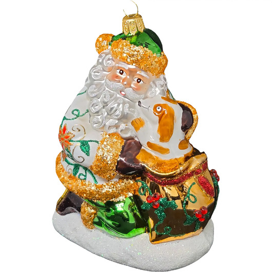 bombki Ręcznie malowana szklana bombka wzorzysty Mikołaj z pieskiem w worku