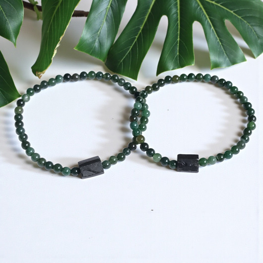 bransoletki z kamieni naturalnych KOMPLET dla PARY : agat mszysty & czarny turmalin