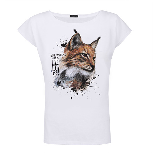t-shirt damskie T-shirt :BIAŁOWIEŻA FOREST" z RYSIEM
