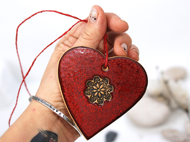 ozdoby choinkowe Duże ceramiczne serce ozdoba wisząca - lawa