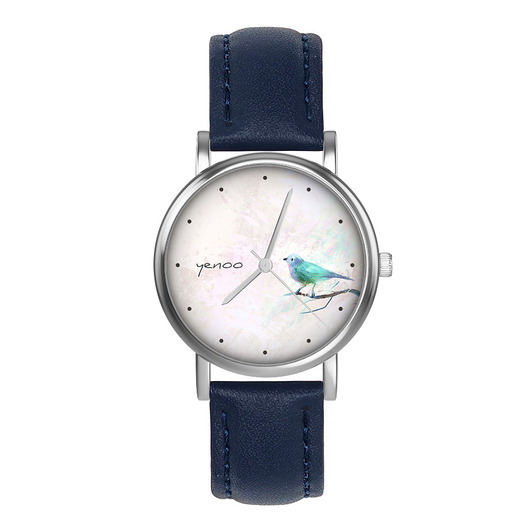 zegarki damskie Zegarek  mały - Turkusowy ptaszek - skórzany, granatowy