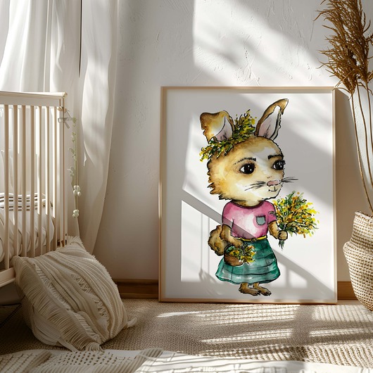 grafiki i ilustracje Króliczka ogrodniczka akwarela do pokoju dziecięcego oryginał