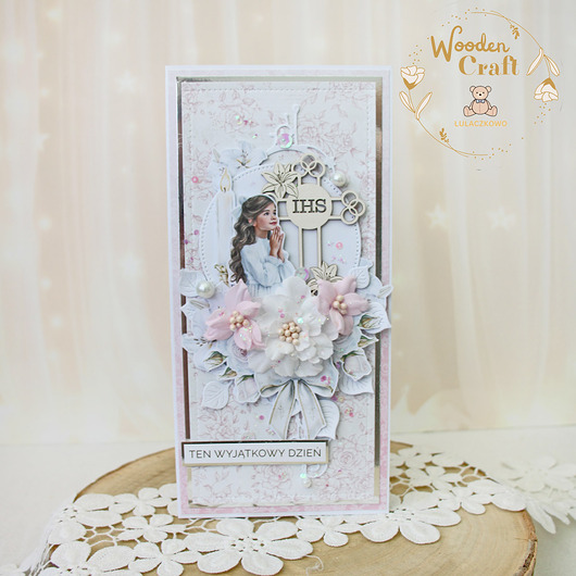 kartki na komunię Kartka komunijna, Pamiątka Komunii, prezent "PinkRoses5" GOTOWA